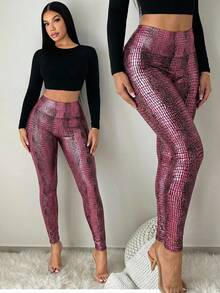 SHEIN SXY 女士鳄鱼纹高腰休闲百搭日常打底裤 - 粉色 - 查看 3