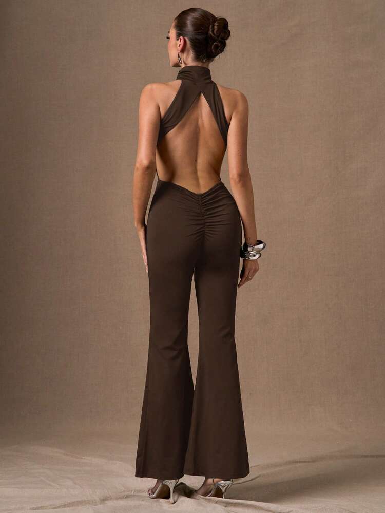 SHEIN BAE Bộ jumpsuit nữ màu đen trơn thanh lịch, gợi cảm, cổ cao, ống loe, thích hợp mặc nhiều lớp vào mùa thu/đông, jumpsuit dệt kim quyến rũ, phù hợp cho đi chơi, hẹn hò lãng mạn, tiệc tùng và tụ họp. - Cà phê nâu - Xem 2