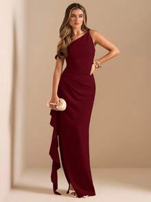 SHEIN BAE Autumn/Winter Bridesmaid Dress, Party Oblique Shoulder Twist Knot Strapless Sexy Pleated High Slit Ruffle Wrap Long Dress, Elegant Ruffle Hem Maxi Oblique Shoulder Dress For Women - Burgundy - View 6