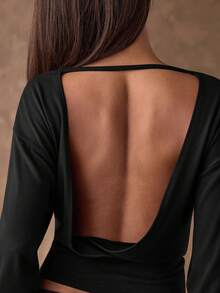 SHEIN BAE Femmes Sexy Mode Rue Décontracté Couleur Unie Drapé Dos Nu Manches Longues T-Shirt Court Noir, Printemps/Été - Noir - Voir 6