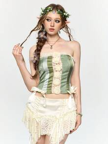 ROMWE Fairycore 女士复古仙女风精灵多色面料拼接缎面3D立体花卉胸衣上衣 - 綠色 - 查看 11