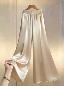 Franclia 高腰阔腿裤，珍珠饰边，香槟金缎面面料，优雅显瘦，适合派对、通勤及各种场合。 - 香檳色 - 查看 2