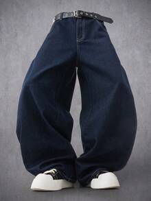 Manfinity Denimwave Men's Casual Fashion Street Daily Commute Simple Letter Embroidery Loose Wide-Leg Jeans Pants (Belt Not Included) - Blue - View 3