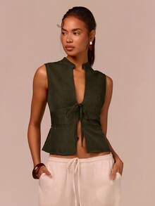 COSMINA 女士优雅深V领系带腰身贝壳纽扣装饰吊带背心，通勤、度假、约会、波西米亚风、办公穿着皆宜，春季必备 - 綠色 - 查看 5