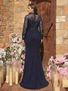 Glamrae Plus Size Elegant Navy Blue Luxurious 3D Beaded & Sequin Embroidered Asymmetrical Neck Sheer Long Sleeve Ruched Fishtail Formal Gown, Suitable For All Formal Occasions - Navy Blue - View 4