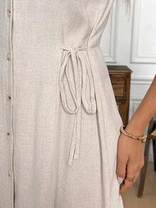 Easowa 杏色无袖收腰迷你连衣裙，亚麻舒适面料，适合休闲、通勤、办公、复古、法式度假风格穿着，春夏款 - 杏色 - 查看 6