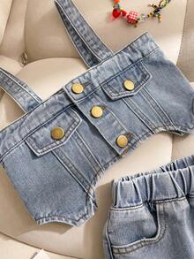 女童（小号）牛仔套装，2件套，不对称下摆牛仔背心上衣和裙子 - 藍色 - 查看 3