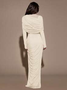 SHEIN BAE Women's Solid Color Boat Neck Ruched Long Sleeve Dress - Apricot - View 2