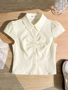 SHEIN 青少年女孩纯色翻领修身短袖开衫衬衫 - 米色 - 查看 6