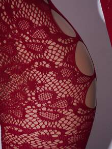 1pc Women's Sexy Hollow-Out Sheer Bodysuit, Valentine's Day - Burgundy - View 3