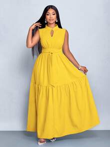 SOLERSUN 加大码蓝色立领前开襟无袖束腰系带连衣裙女式优雅休闲时尚通勤外出连衣裙夏季新款女装 - 芥末黃 - 查看 4