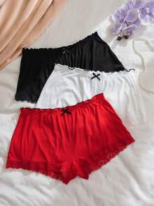 PetitDoll 3 条装大码女式棉质内裤，带蕾丝裤脚和荷叶边腰带，休闲 - 彩色 - 查看 5