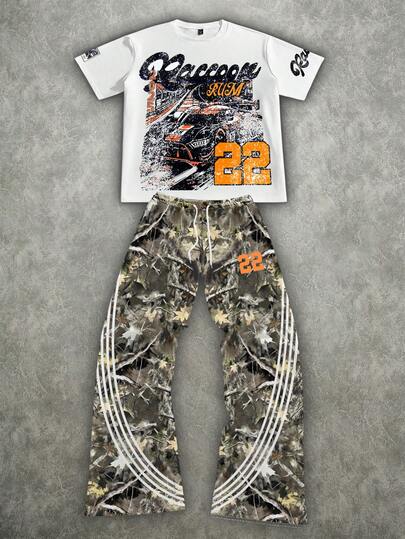 Manfinity ZONE917 大码宽松迷彩条纹做旧褪色彩色22号赛车短袖T恤和运动裤套装