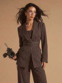 Glamine 女士棕色披肩领三件套西装套装，女士休闲通勤百搭套装，适合办公室、通勤、外出等场合，宽松休闲套装 - 棕色 - 查看 7