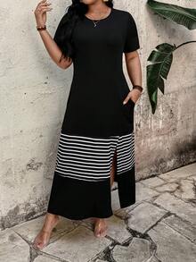 EMERY ROSE 大码女式条纹拼接圆领短袖开衩长裙。休闲撞色T恤裙，带口袋，适合母亲节、情人节、海滩度假、春夏穿着。 - 黑色 - 查看 4