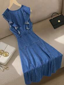 GlowEve 女士休闲纽扣荷叶边牛仔连衣裙，夏季 - 藍色 - 查看 2