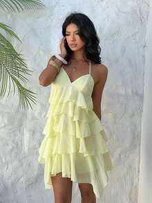 Aloruh Women's Elegant Sexy Fashionable Romantic Date/Graduation/Party Layered Ruffle Halter Backless Tie Strap Mini Dress, Light Yellow, Spring/Summer - Light Yellow - View 9