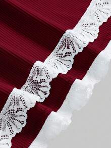 ROMWE Ribbed Lace Camisole & Shorts Casual Pajama Set - Burgundy - View 3