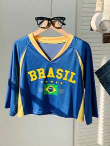 SHEIN EZwear Áo croptop nữ mùa hè tay ngắn cổ chữ V in chữ phối màu tương phản, áo len dệt kim tay raglan, phù hợp cho người hâm mộ thể thao, trang phục cổ vũ đội tuyển, tham dự sự kiện thể thao, áo thun thể thao sọc vàng xanh, áo croptop nữ phối đồ thể thao Brazil. - Nhiều màu - Xem 4