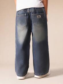 SUMWON Boys Vintage Wide Leg Denim Jeans With Drawstring Waist Casual Relaxed Fit Stonewashed Pants For Kids - Blue - View 2