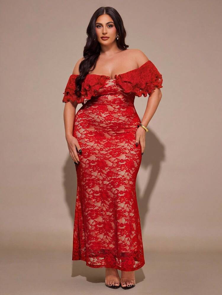 SHEIN BAE 大码女式红色露肩荷叶边下摆优雅性感露肩连衣裙，度假沙滩裙 - 紅色 - 查看 4