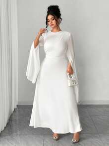 SHEIN PETITE CURVE Đầm ôm sát dáng dài tay cổ tròn xẻ tà, eo nhún bèo, chân đuôi cá, thanh lịch dành cho nữ cỡ lớn, phù hợp với người nhỏ nhắn. - trắng - Xem 1
