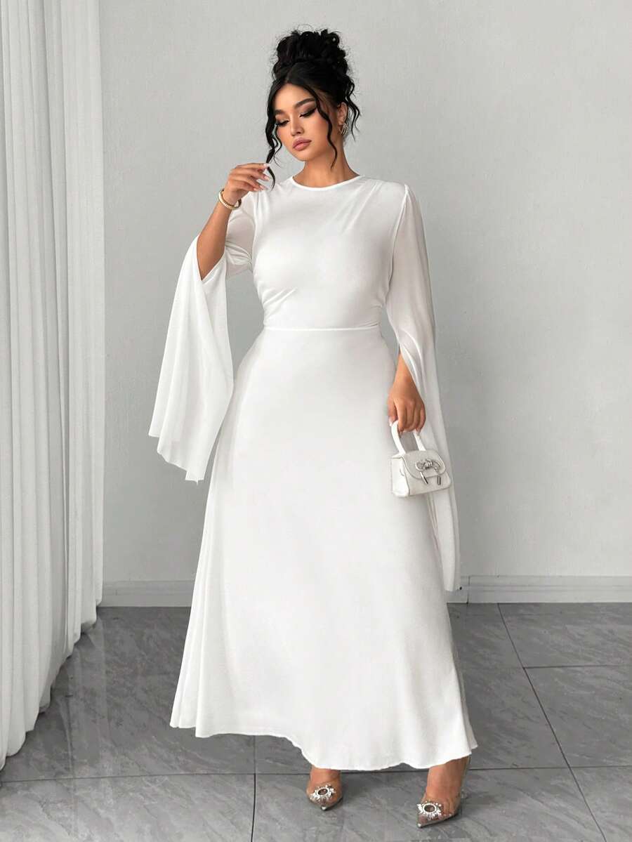 SHEIN PETITE CURVE Đầm ôm sát dáng dài tay cổ tròn xẻ tà, eo nhún bèo, chân đuôi cá, thanh lịch dành cho nữ cỡ lớn, phù hợp với người nhỏ nhắn. - trắng - Xem 1