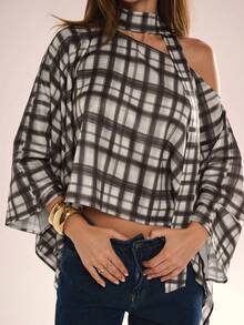 Avenya Loose Fashion Plaid Oblique Shoulder Scarf Design Flowy Blouse - Multicolor - View 2