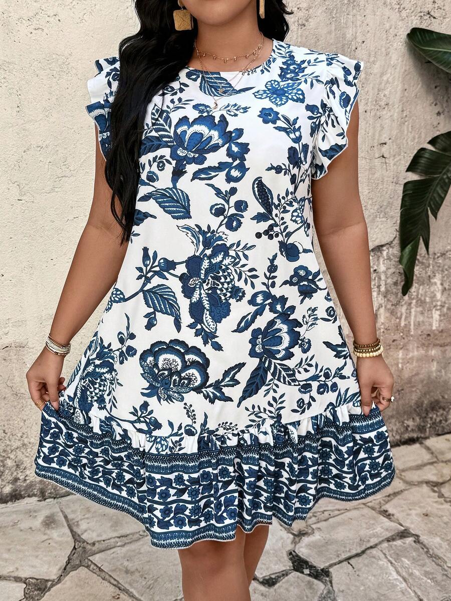 EMERY ROSE 大码女式碎花荷叶袖宽松休闲夏季度假连衣裙 - 藍白色 - 查看 1