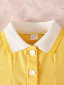 Souflis Souflis 1pc Baby Girl Pink Casual Dress, Ribbed Collar & Cuffs, Suitable For Lounging, Outings, Sports, And Parties - Yellow - View 4