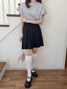 FRIFUL Áo thun nữ dáng suông kẻ sọc, viền bèo, thích hợp cho mùa hè. - màu đen - Xem 4