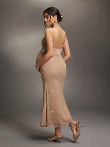 Cheriluna Maternity Maternity Solid Color Fitted Elegant Fashion Jumpsuit - Apricot - View 2