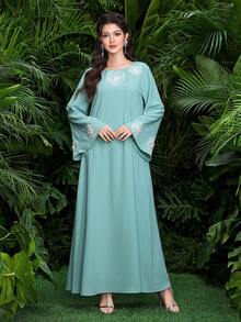 SHEIN Najma 女士休闲优雅宽松花卉水钻装饰睡袍 - 藍色 - 查看 6