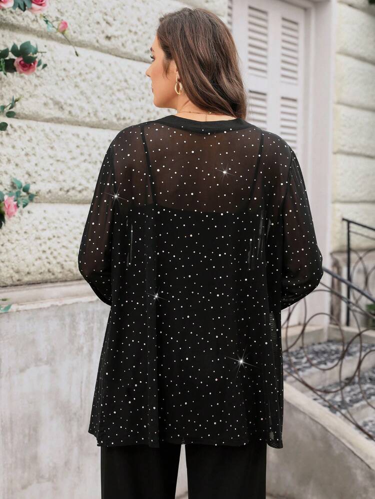 Plus Size Women Black Long Sleeve Jacket, Autumn/Summer/Vacation Black Rhinestone Top Black Blouses For Women Sparkly Coat Elegant Coat Summer Summer Spring Spring Women Spring