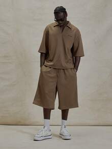 Musero Oversized Short Sleeve Extreme Drop Shoulder Collared V Neck Shirt Top Co Ord Set Basic Style Short Winter Essentials - Brown - View 3