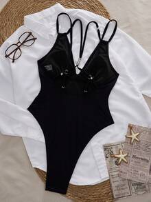 Swim Chiccia 女士新款纯色深V领露背性感连体泳衣 - 黑色 - 查看 7