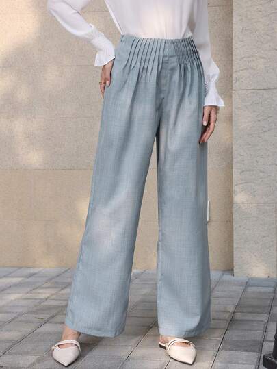 SHEIN Lacomfia Pleated Design Loose Blue Casual Elastic Waist Pants