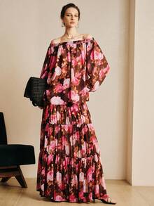 Arave 女士雪纺H型露肩浪漫印花优雅上衣 - 紅色 - 查看 5