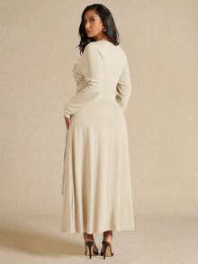 SHEIN BAE Đầm dài tay xếp ly thanh lịch dành cho nữ cỡ lớn, màu vàng, thích hợp cho mùa thu/đông. - Màu be - Xem 2