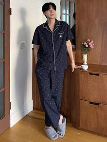 DAZY Men's Polka Dot Floral Print Shirt And Pants Pajama Set, Spring/Summer - Blue - View 7