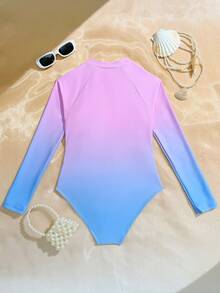 SHEIN 少女渐变色拉链镂空长袖连体泳衣 - 淺藍色 - 查看 3