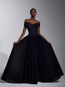 Elitara Elegant Luxury Textured Off-Shoulder Lash Lace Trim Ruched Maxi A-Line Dress, Evening Gown, Lightweight Mesh Dress, Valentine's Day - Navy Blue - View 8