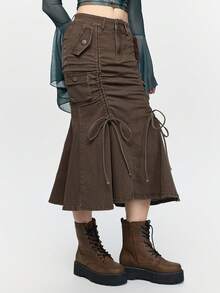 ROMWE Fairycore Chân váy denim màu nâu dáng đuôi cá, cạp siêu trễ, kiểu nàng tiên Mori cổ điển dành cho nữ, có túi hộp. - màu nâu - Xem 6