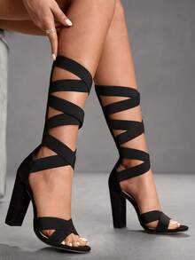 CUCCOO SZL Black Suede Chunky High Heel Sandals, Criss-Cross Strap Design With Side Zipper, Chic & Stylish For Commute And Date Valentine's Day - Black - View 7