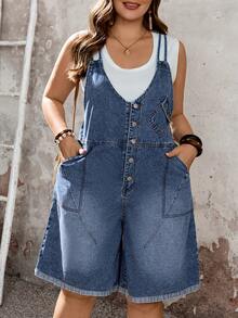 EMERY ROSE 大码女式带口袋纽扣休闲百搭日常牛仔背带短裤 - 藍色 - 查看 3