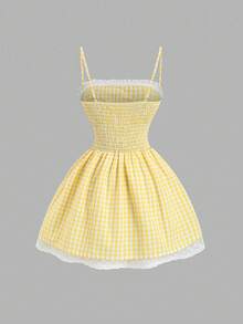 Sweetra Sweet & Alluring Series A-Line Contrast Lace Waist Cinching Spaghetti Strap Dress, Elegant French Style, Spring/Summer - Yellow - View 2