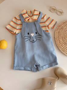 SHEIN 2pcs/Set Unisex Baby Casual Cute Holiday Knitted Colorful Striped Short Sleeve T-Shirt&Cartoon Rabbit Printed Blue Bib Pants Romper Set,Summer Sets - Multicolor - View 8