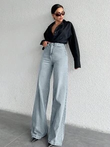 Cloudara 100Cotton High Waist Wide Leg Jeans TALL Everyday Light Blue Summer Casual Streetwear - Baby Blue - View 6