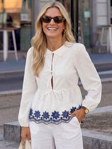 Solivie 女士刺绣系带灯笼袖时尚衬衫 - 白色 - 查看 9