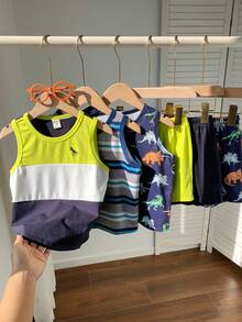 SHEIN 6件套男童夏季休闲度假可爱卡通条纹背心短裤基础款套装 - 彩色 - 查看 4